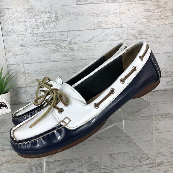 Sperry Topsider Boat Shoes 9754821 Patent Leather White Blue Womens Size 8 M GUC - Picture 2 of 12